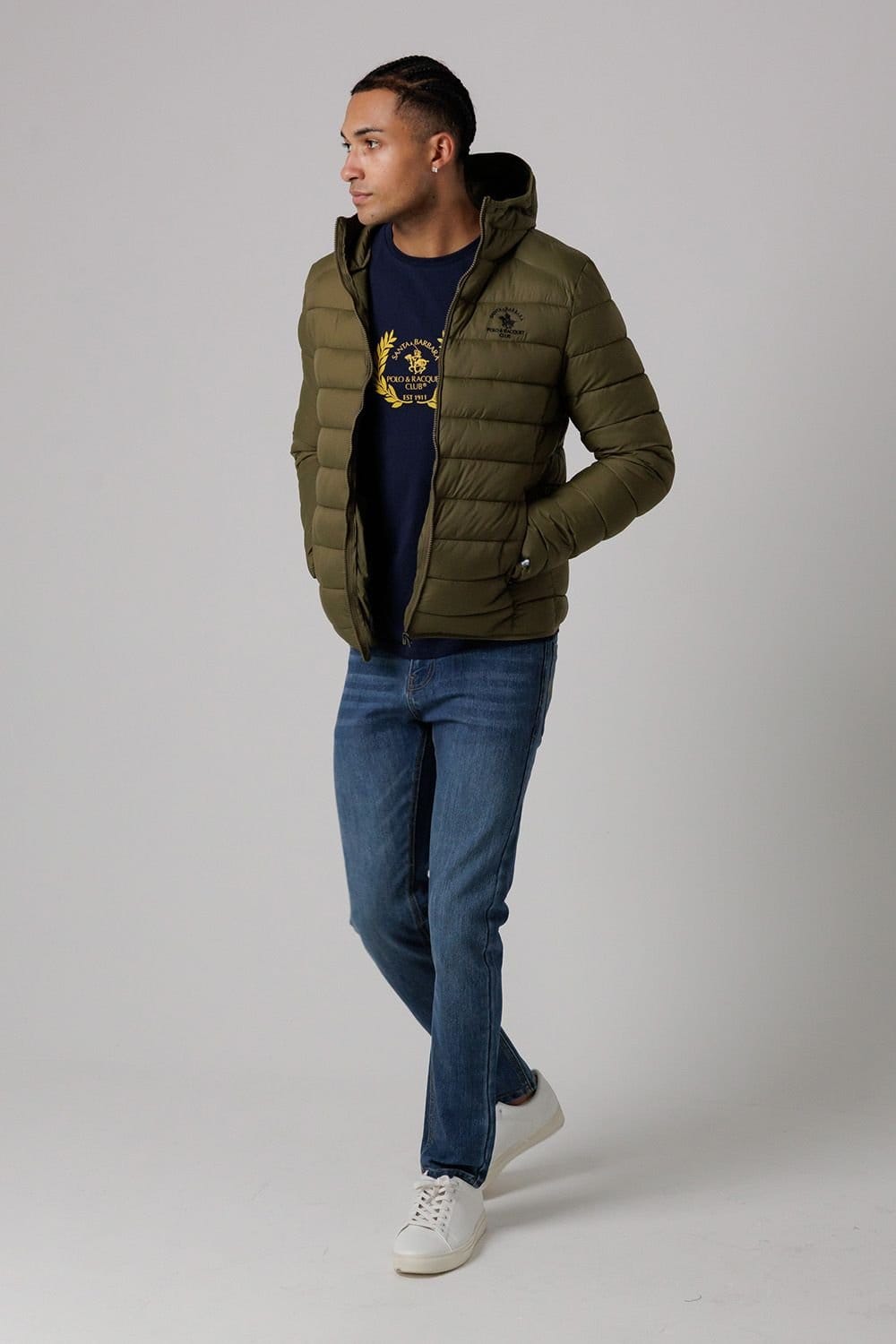 Santa Barbara Polo & Racquet Club Santa Barbara Polo & Racquet Club Men's Lightweight Zip Through Hooded Padded Jacket with Zipped Pockets in Khaki - 4