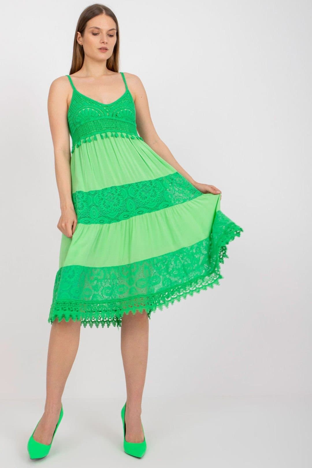 Love Lace Love Lace Women's Summer Heart Lace Openwork Flared Dress in Green