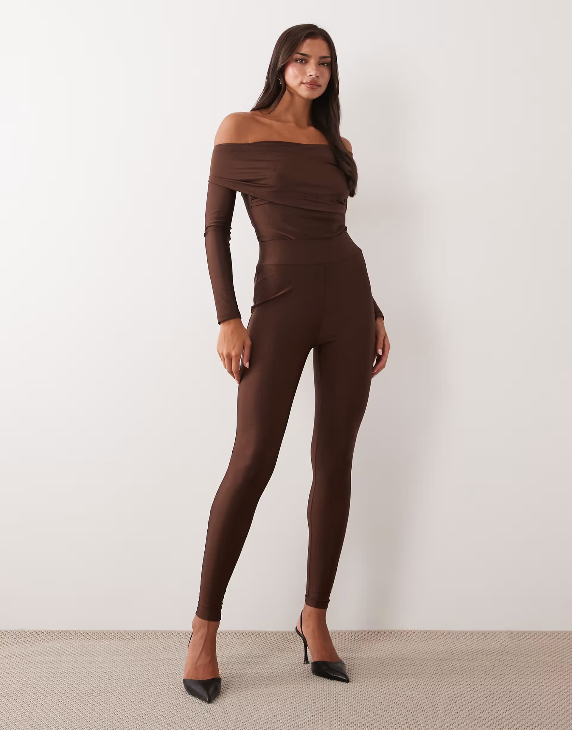 ASOS Ruched & Ready Heads Turned sculpted high shine off shoulder bodysuit and leggings in chocolate