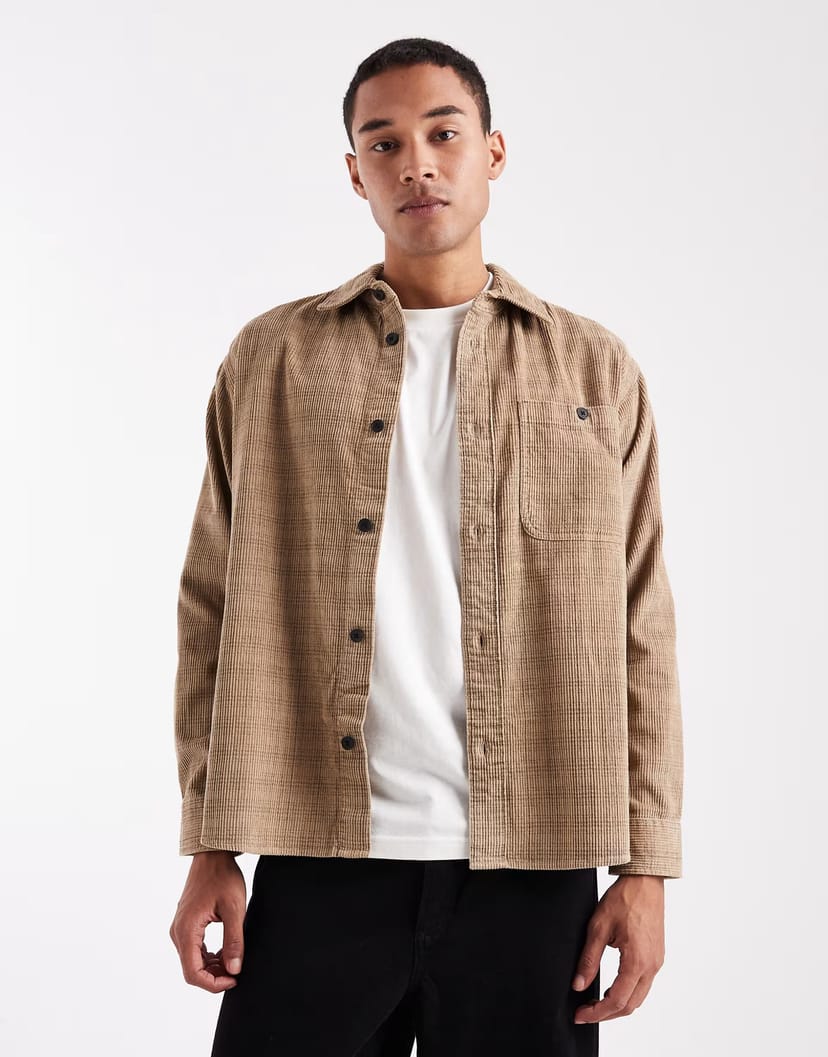 ASOS ONLY & SONS cord overshirt in beige check - 1