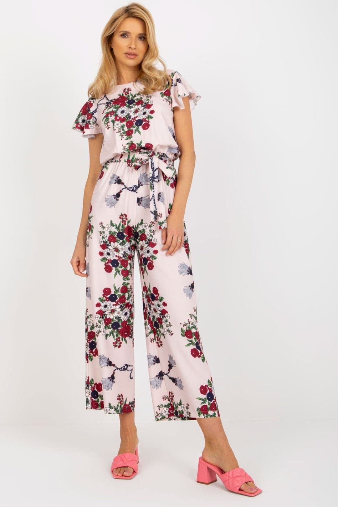 Love Lace Love Lace Women's Floral Cotton Elastane Jumpsuit with Tie Waist in Pink