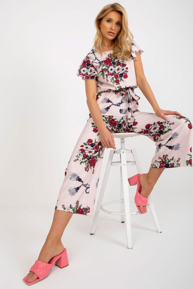 Love Lace Love Lace Women's Floral Cotton Elastane Jumpsuit with Tie Waist in Pink - 2