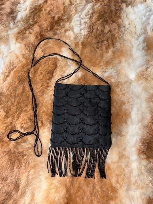 St Michael 🖤 Vintage St Michael Marks & Spencer Black Beaded Fringe Evening Bag – 1920s Flapper Style