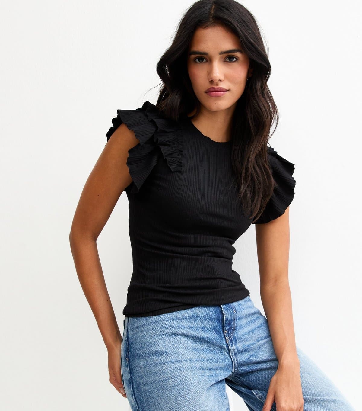 New Look Women's Black Ribbed Flutter Sleeve T-Shirt New Look