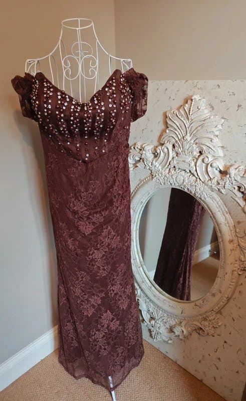 Shein Chocolate brown full length dress with pearls & gems