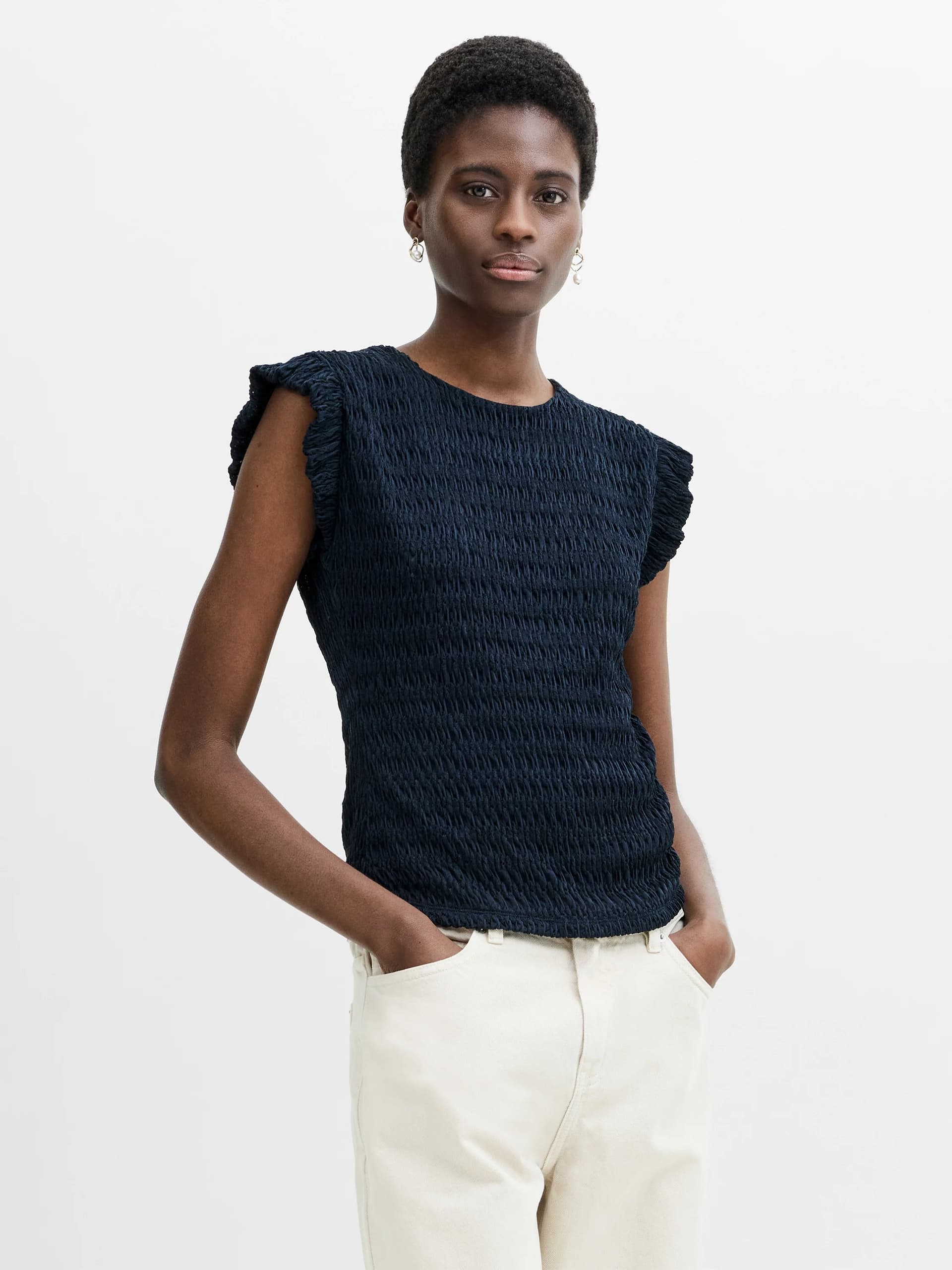 French Connection French Connection Navy Blue Textured Frilled Cap Sleeve Top