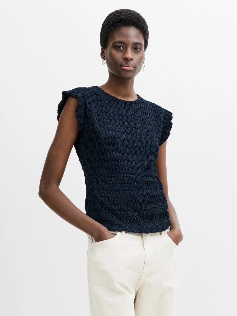 French Connection Zinnia Textured Frilled Cap Sleeve Navy Blue Top New Navy Blue - 1