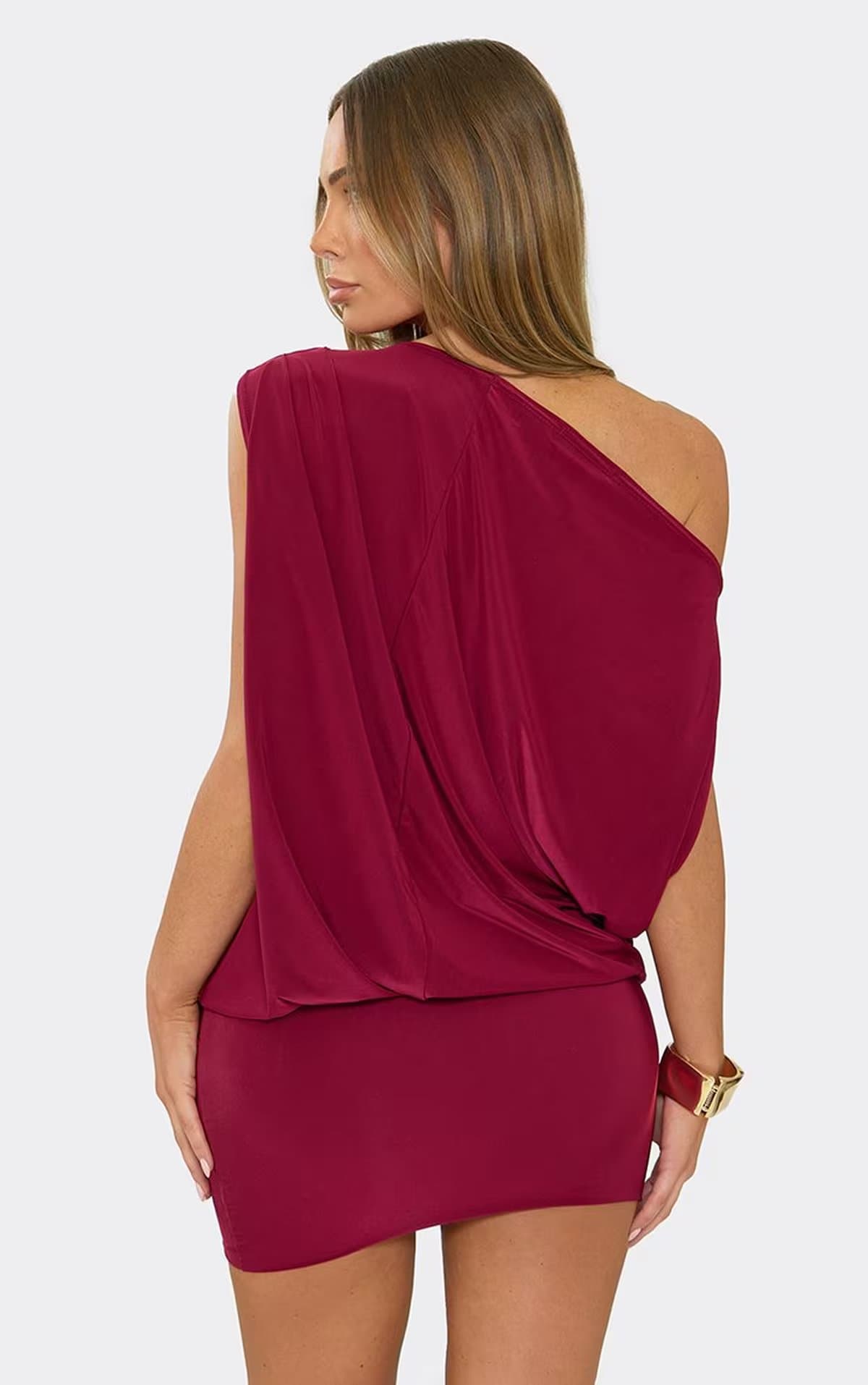 EGO Off The Shoulder Draped Asymmetric Mini Dress In Burgundy Slinky, Women's Size UK 6