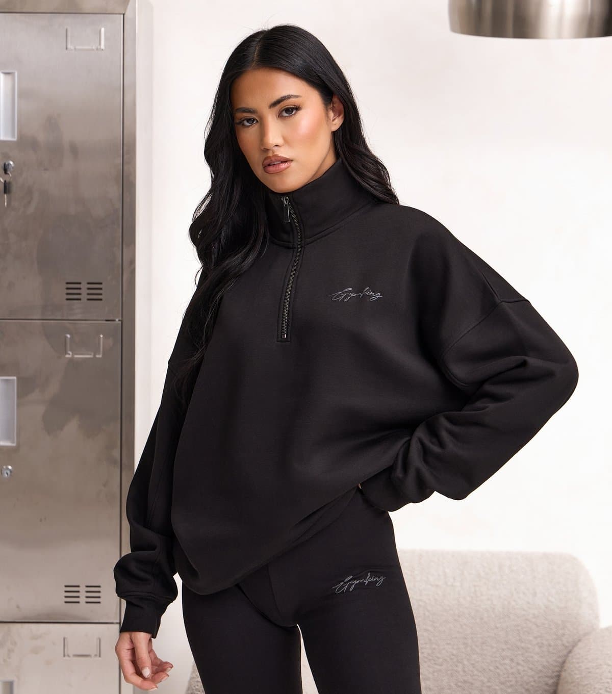 Gym King Gym King Black Script Logo Quarter Zip Sweatshirt