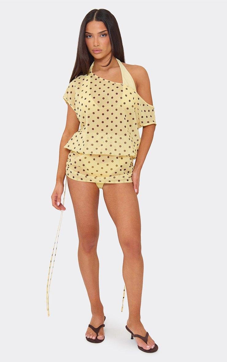 EGO Off The Shoulder Blouson Mini Beach Dress In Lemon Polka Dot, Women's Size UK 6 - 2