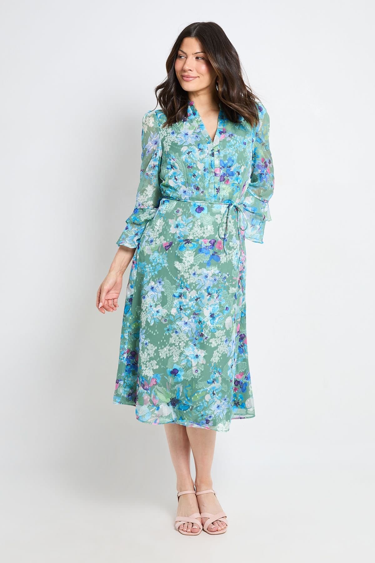 Wallis Wallis Women's Floral Burn Out Ruffle Midi Dress in Green