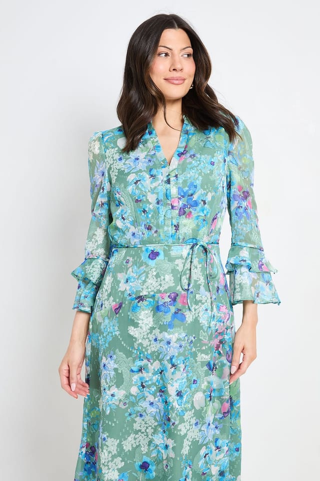 Wallis Wallis Women's Floral Burn Out Ruffle Midi Dress in Green - 2