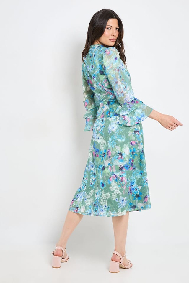 Wallis Wallis Women's Floral Burn Out Ruffle Midi Dress in Green - 3