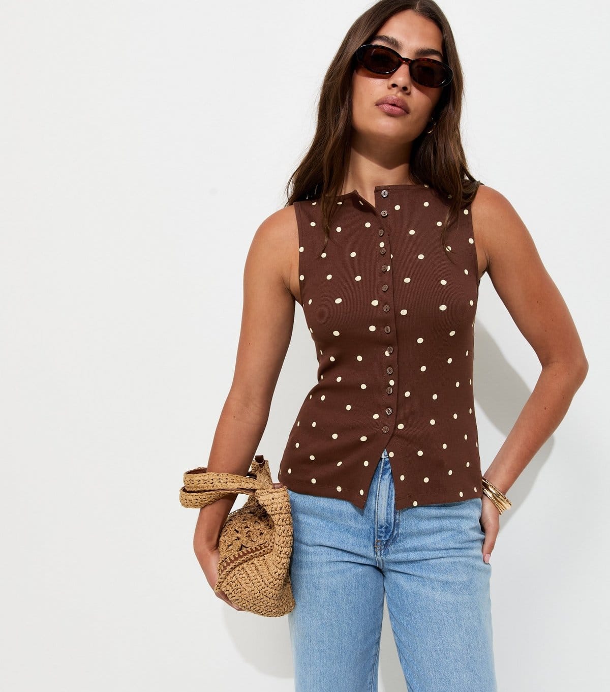 Women's Brown Polka Dot Button Up Tank Top New Look
