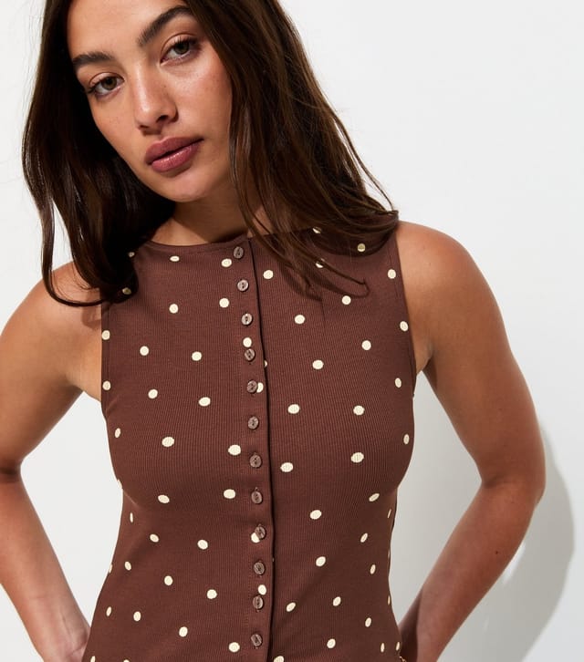 New Look Women's Brown Polka Dot Button Up Tank Top New Look - 2