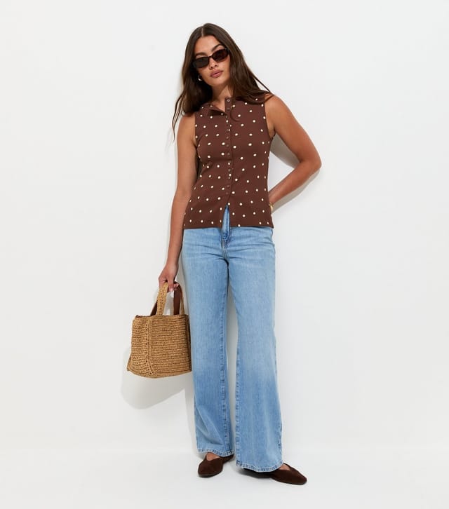 New Look Women's Brown Polka Dot Button Up Tank Top New Look - 3