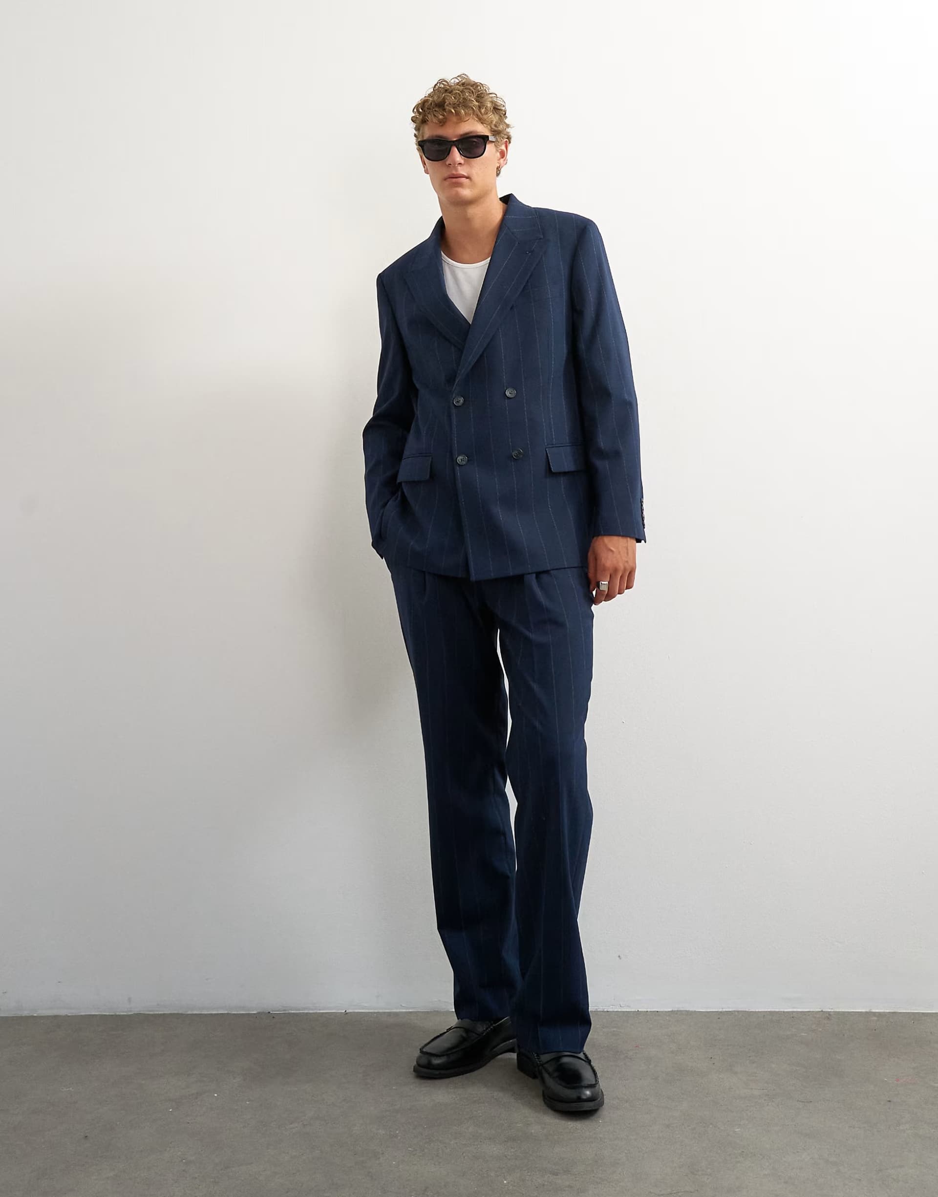 ASOS Topman relaxed fit pinstripe double breasted suit in navy