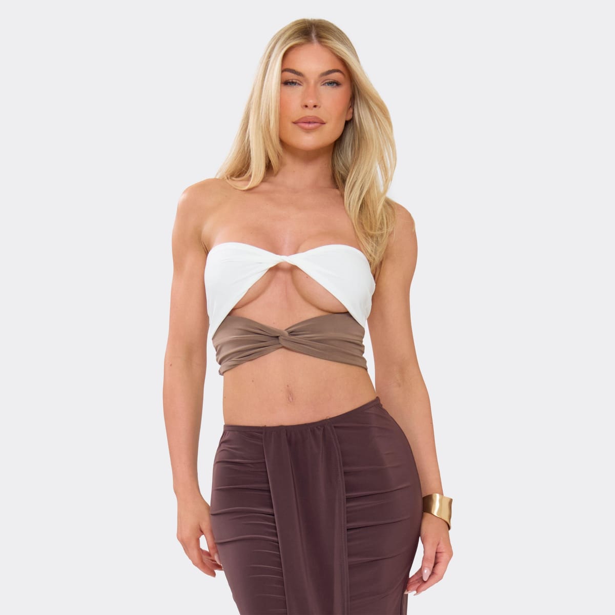EGO Bandeau Twisted Contrast Panel Top In Cream, Women's Size UK 6 - 1