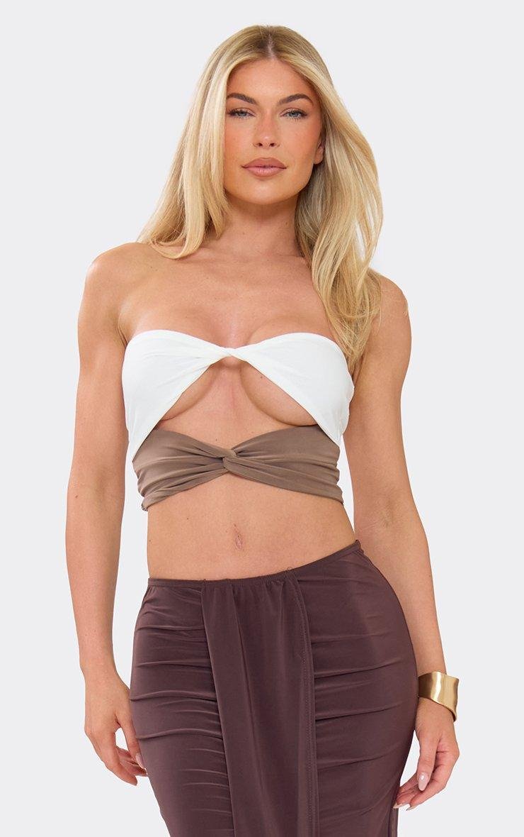 EGO Bandeau Twisted Contrast Panel Top In Cream, Women's Size UK 6 - 2