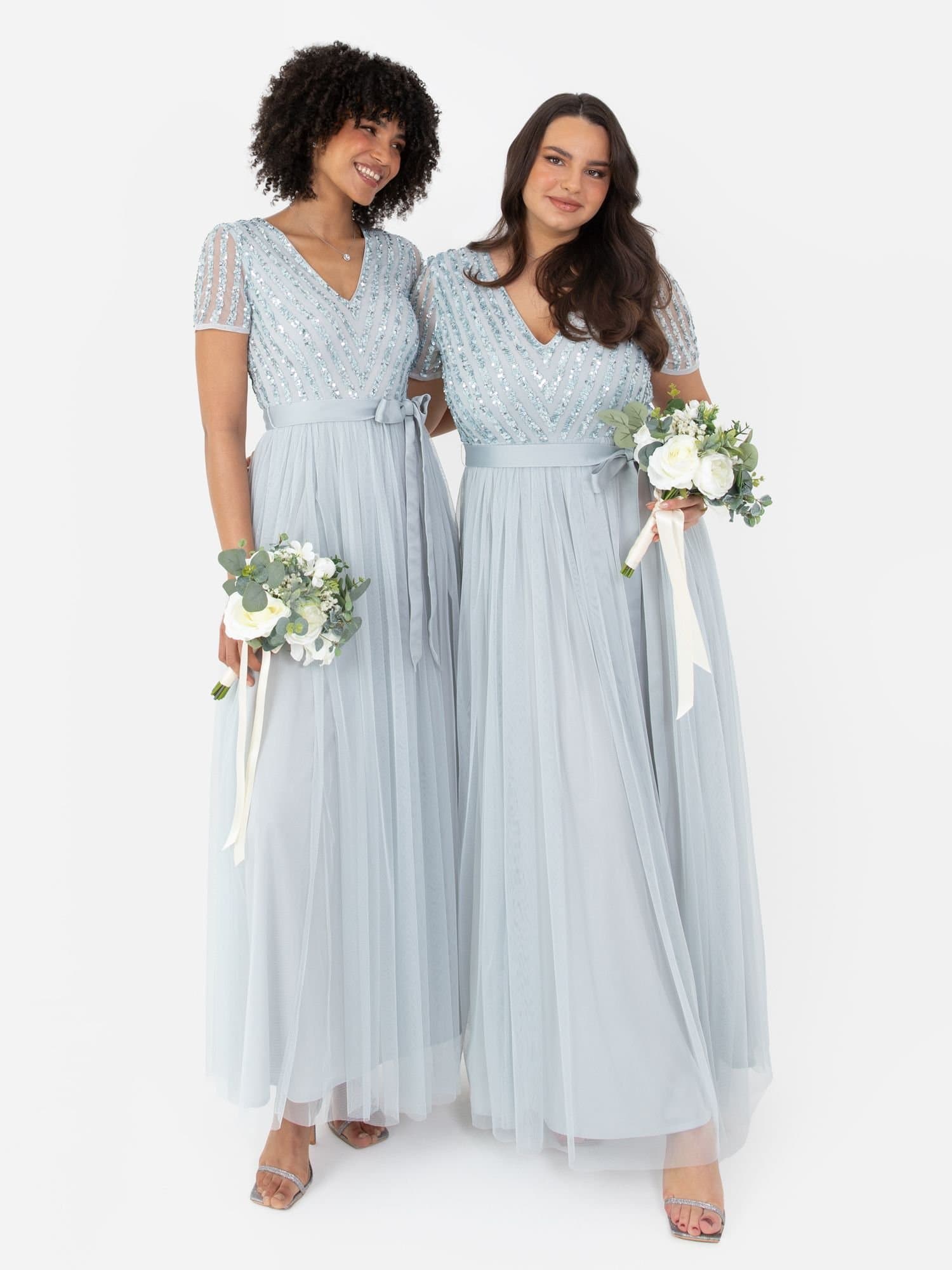 Maya Deluxe Maya Deluxe Women's Belted Stripe Embellished Maxi Dress in Pale Blue