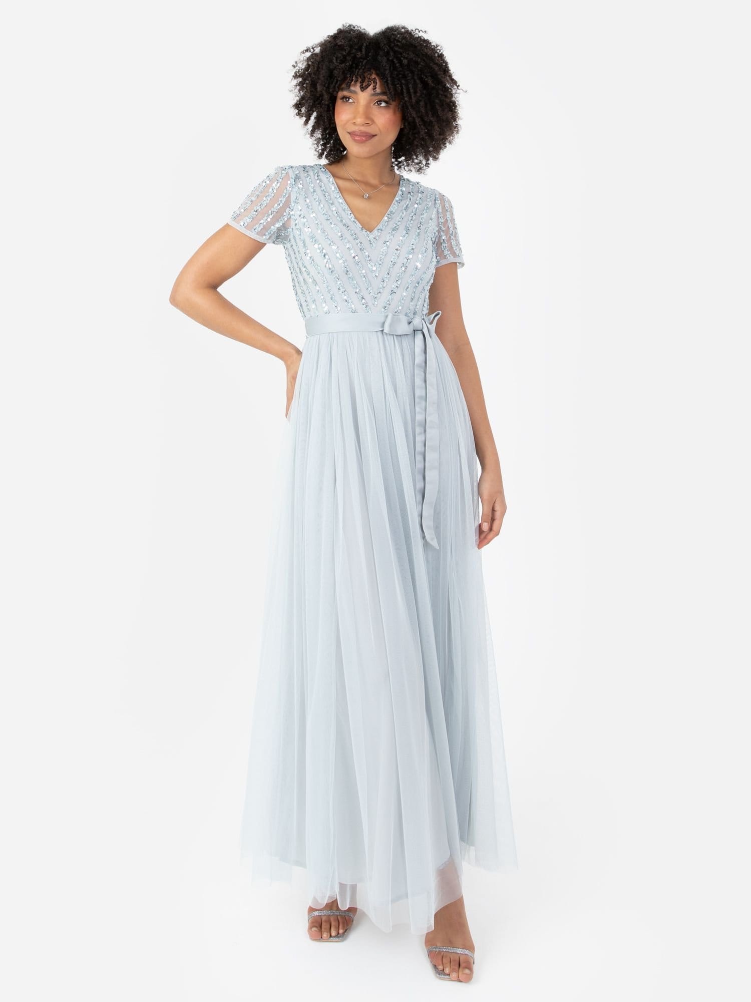 Maya Deluxe Maya Deluxe Women's Belted Stripe Embellished Maxi Dress in Pale Blue - 4