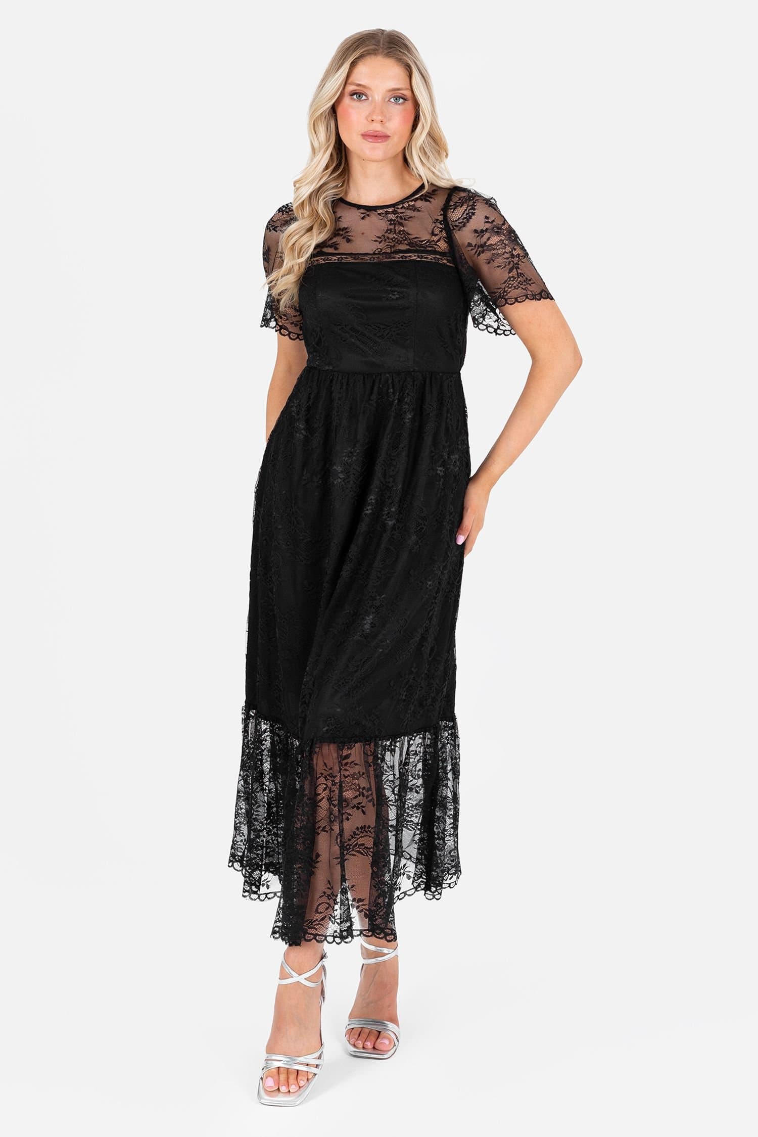 Lovedrobe Lovedrobe Women's Short Sleeve Lace Midi Dress in Black