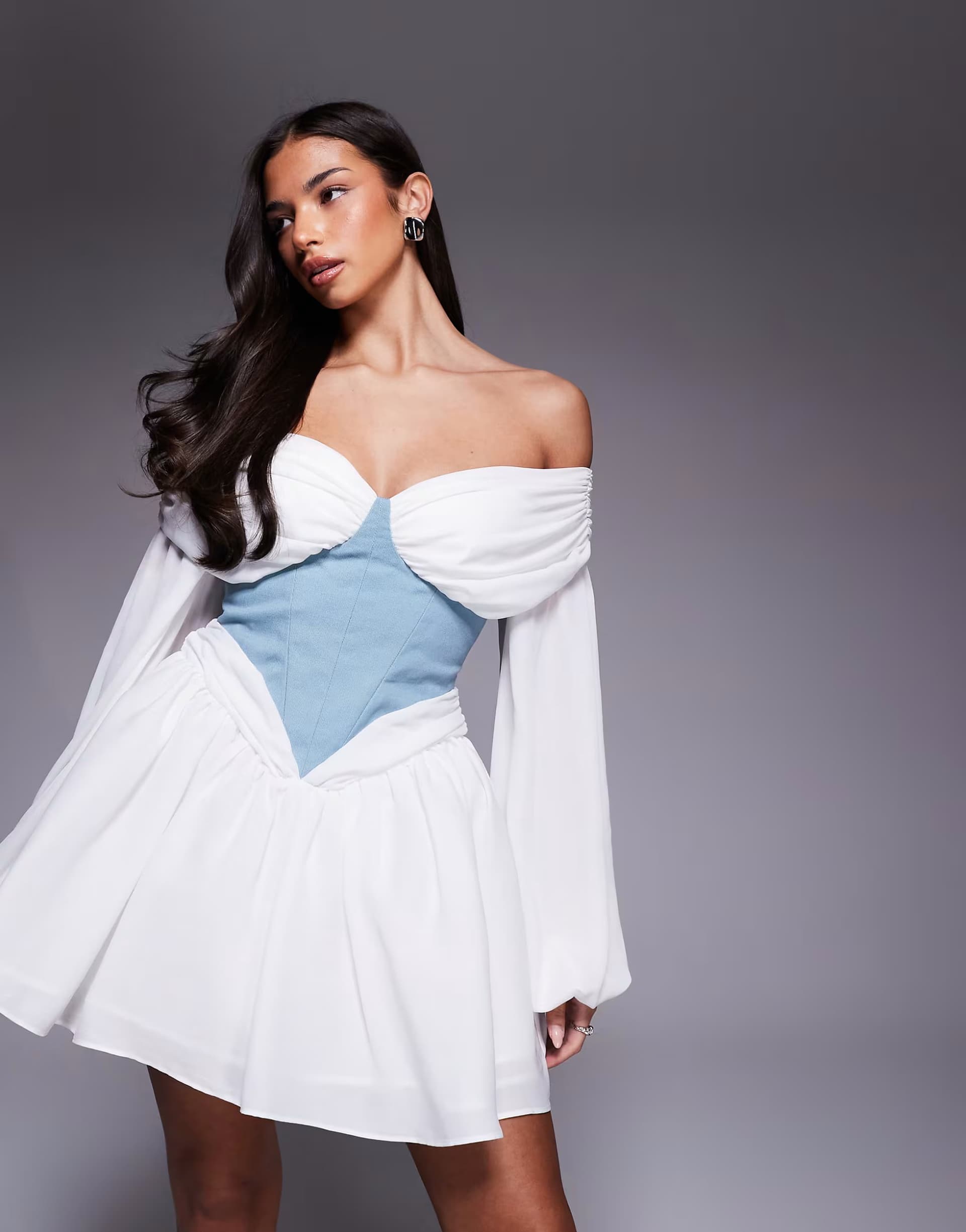 ASOS ASOS LUXE off shoulder mini dress with corset waist detail in blue