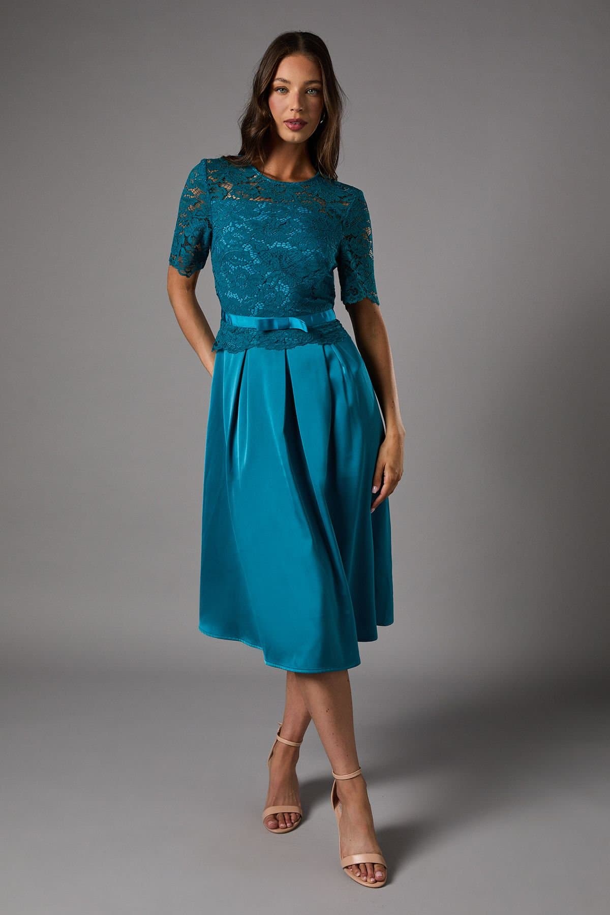 Coast Coast Women's Lace & Crepe Full Skirted Midi Dress in Teal
