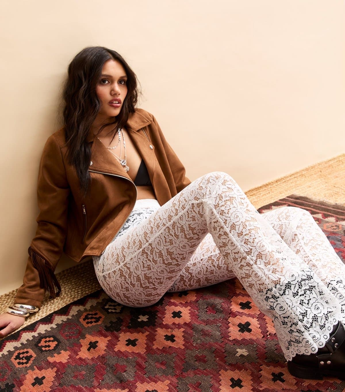 New Look New Look White Floral Lace Kick Flare Trousers