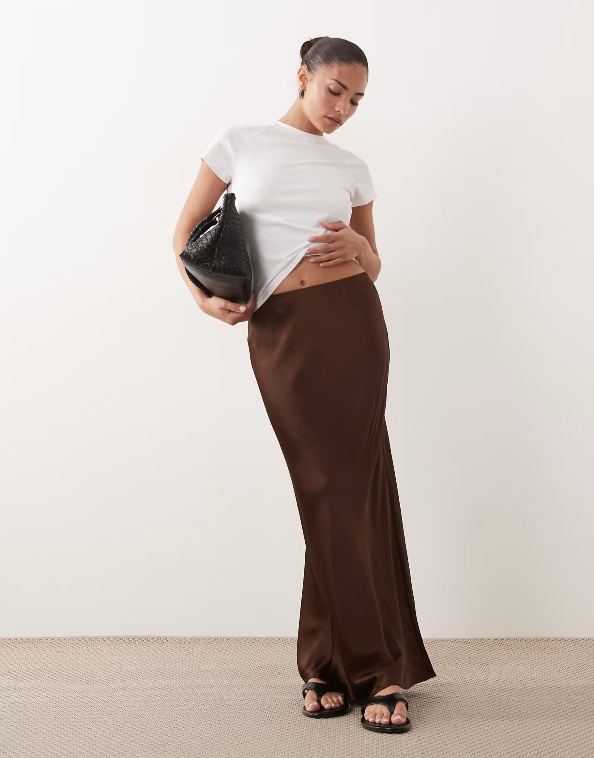 ASOS New Look Petite satin bias maxi skirt in dark brown