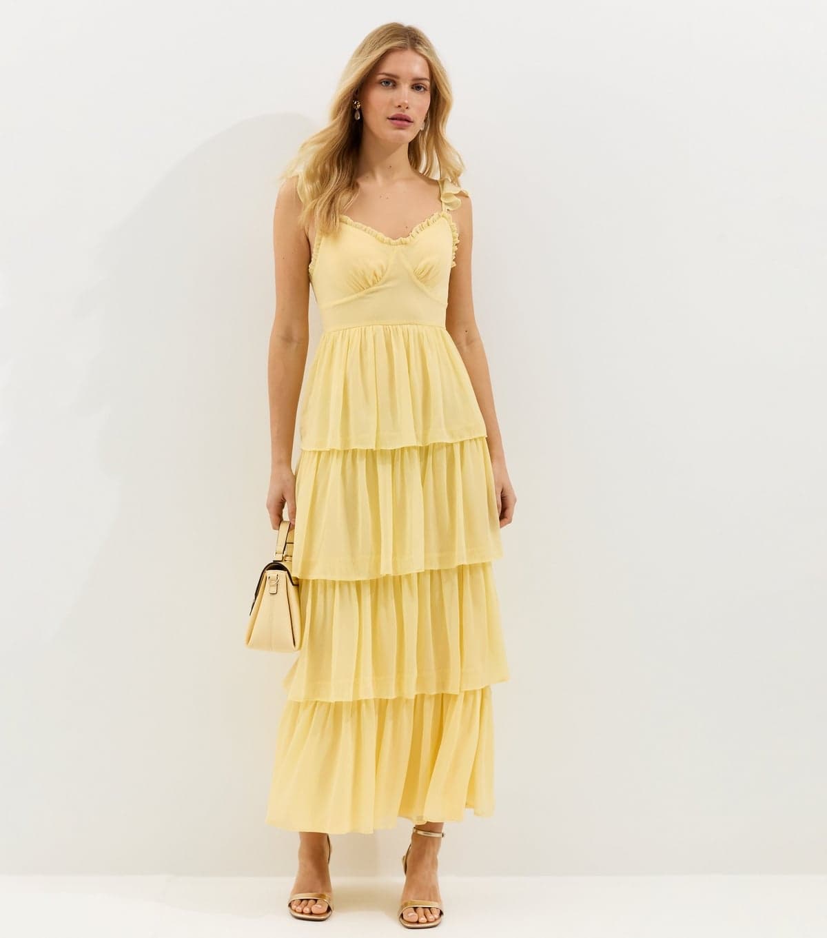 New Look Women's Yellow Tiered Chiffon Midi Dress New Look