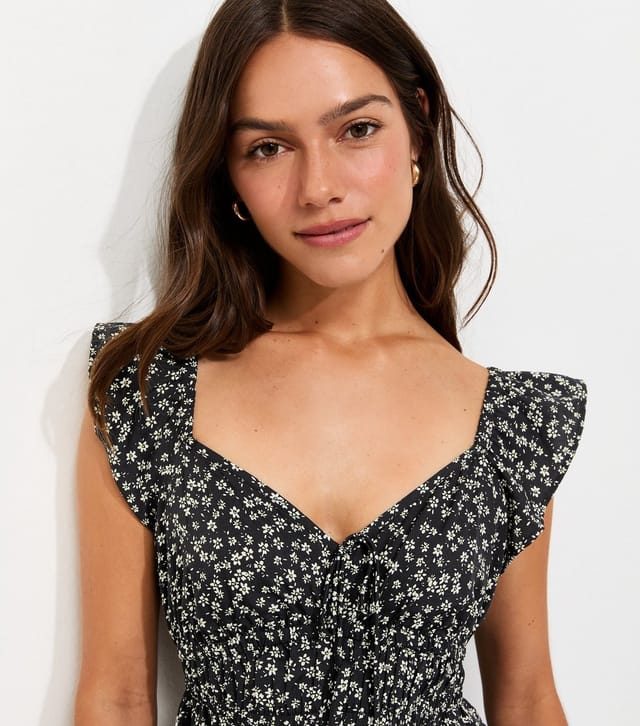 New Look Women's Petite Black Floral Print Frill Trim V-Neck Crepe Mini Dress New Look - 2