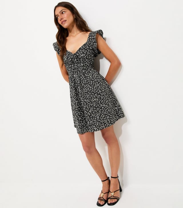 New Look Women's Petite Black Floral Print Frill Trim V-Neck Crepe Mini Dress New Look - 3