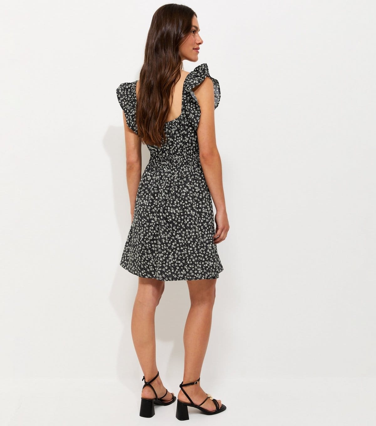 New Look Women's Petite Black Floral Print Frill Trim V-Neck Crepe Mini Dress New Look - 4