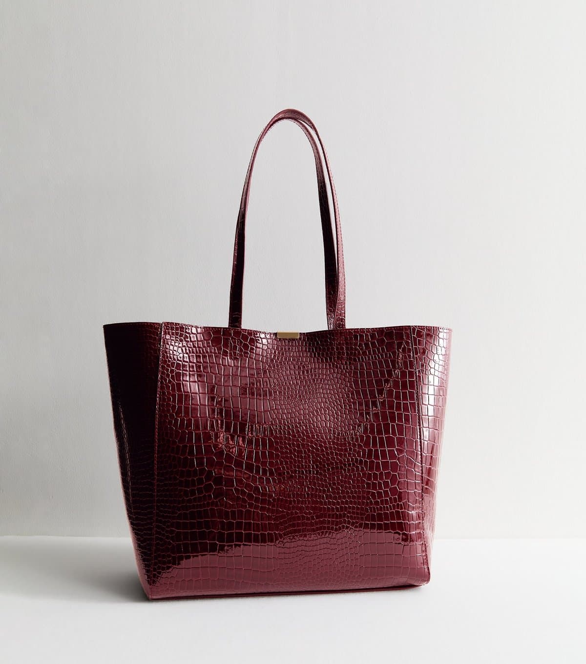 New Look Burgundy Faux Patent Leather Crocodile Effect Tote Vegan New Look