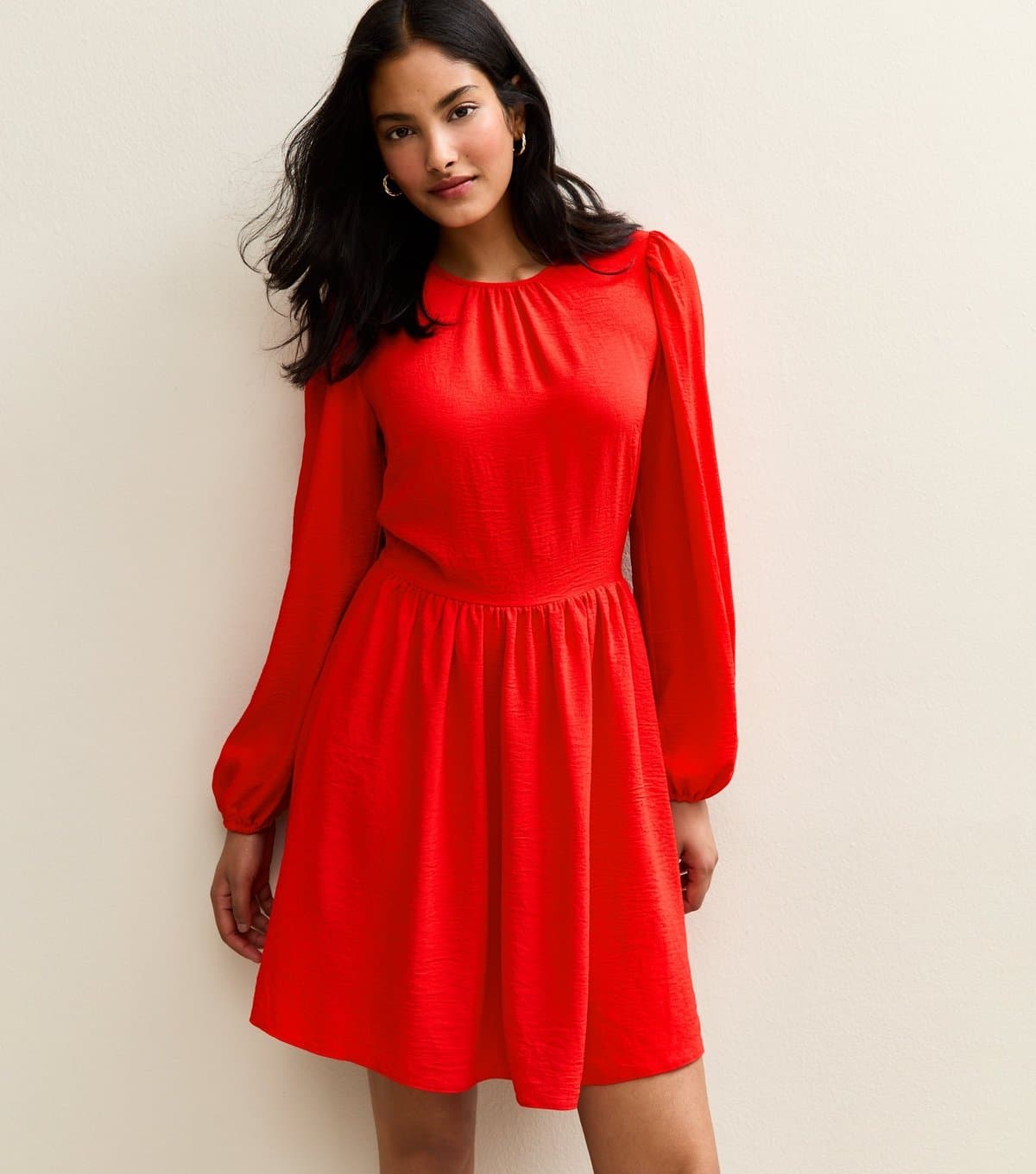 New Look Women's Red Long Sleeve Skater Skirt Mini Dress New Look