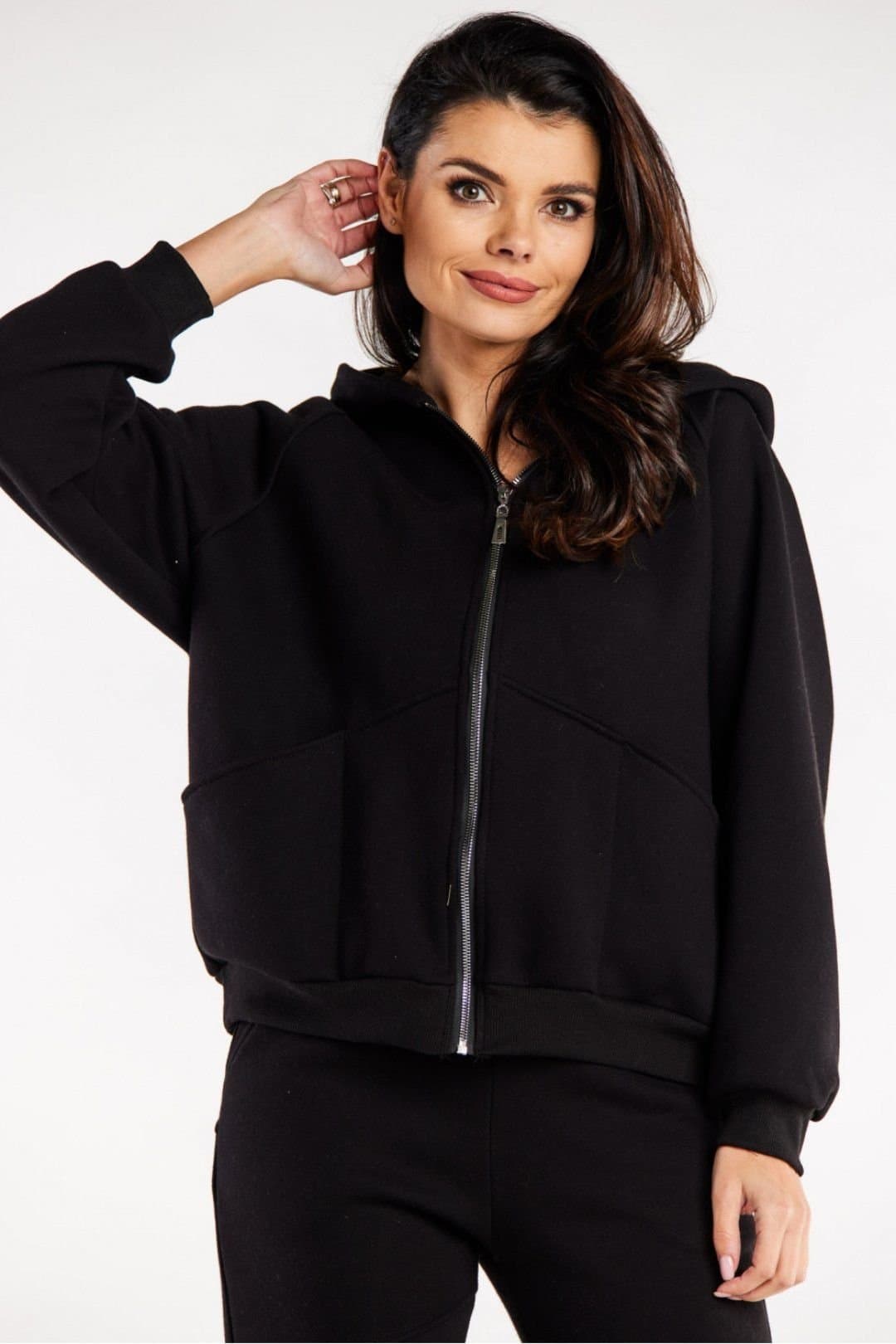 Love Lace Love Lace Women's Loose Zipper Hood Sweatshirt With Pockets in Black