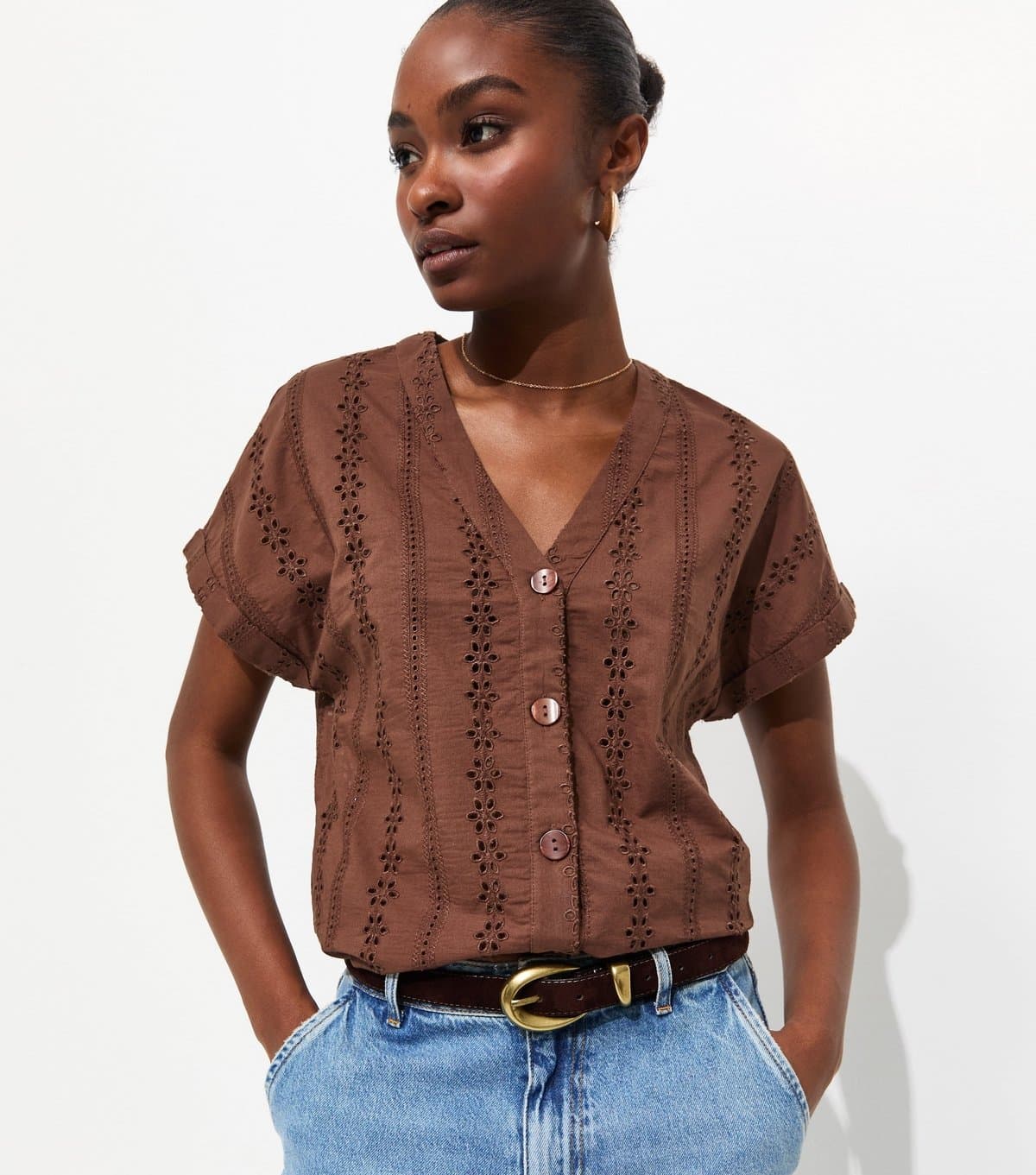 New Look Women's Brown Cotton Broderie Anglaise Button Through Top New Look