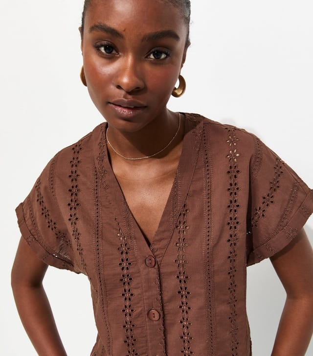 New Look Women's Brown Cotton Broderie Anglaise Button Through Top New Look - 2