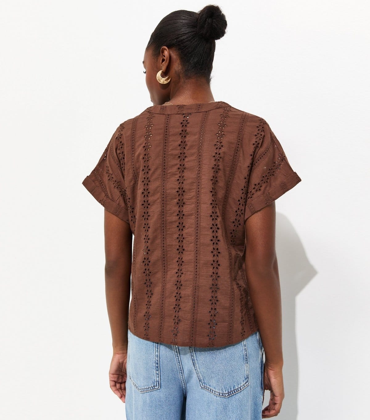 New Look Women's Brown Cotton Broderie Anglaise Button Through Top New Look - 4