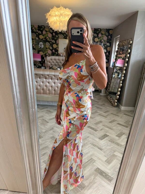 Never Fully Dressed Never Fully Dressed silky long dress with front split and tie back size 14
