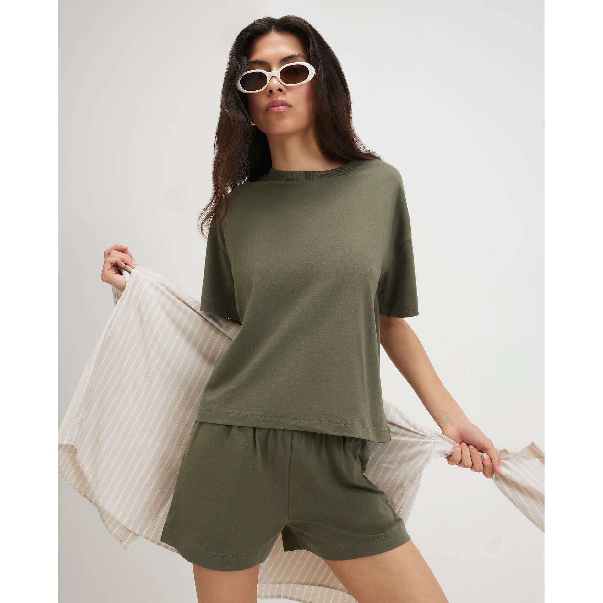 River Island River Island Womens Khaki Cotton T-Shirt And Shorts Set