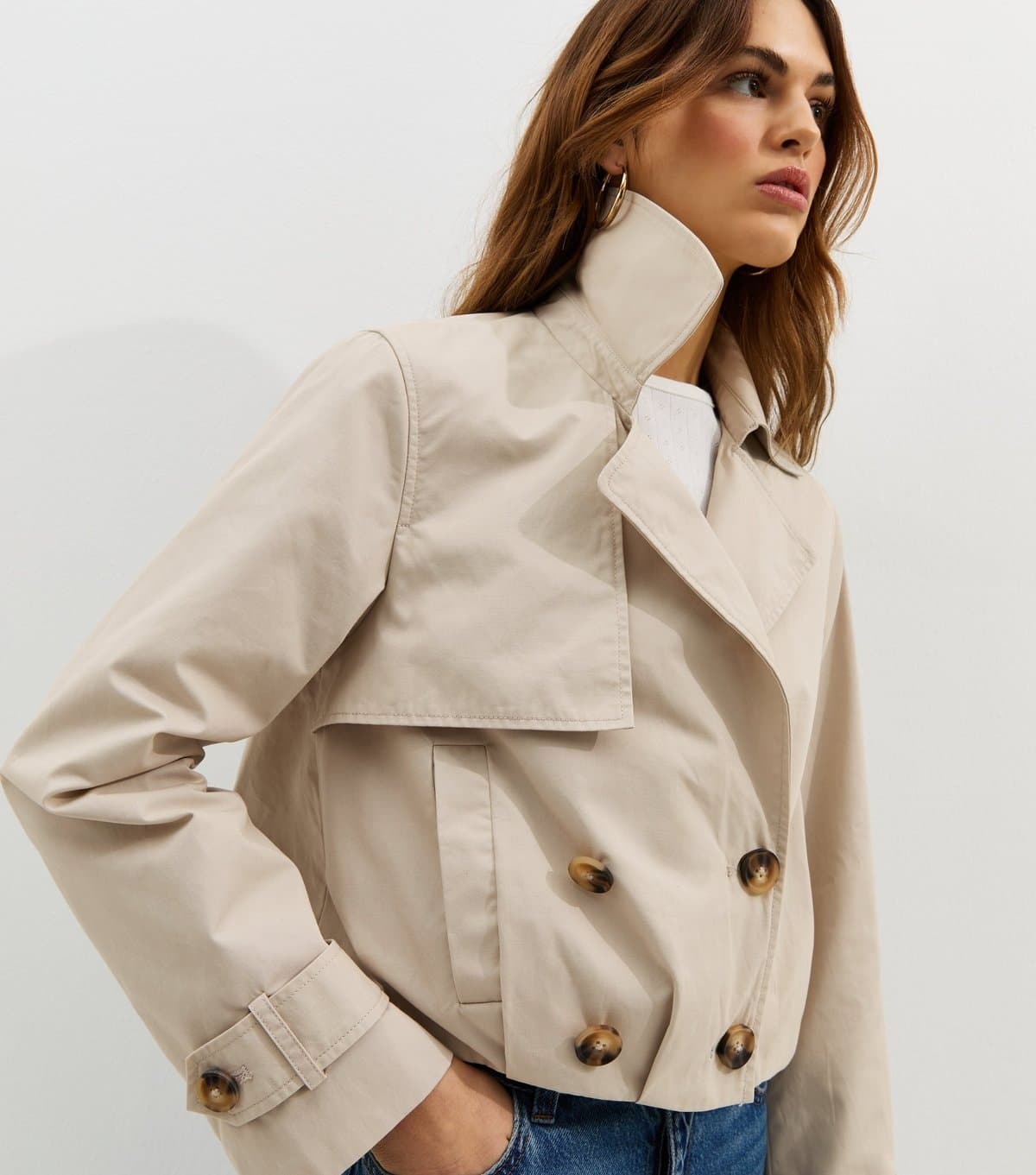 New Look Women's Stone Cropped Trench Mac Jacket New Look