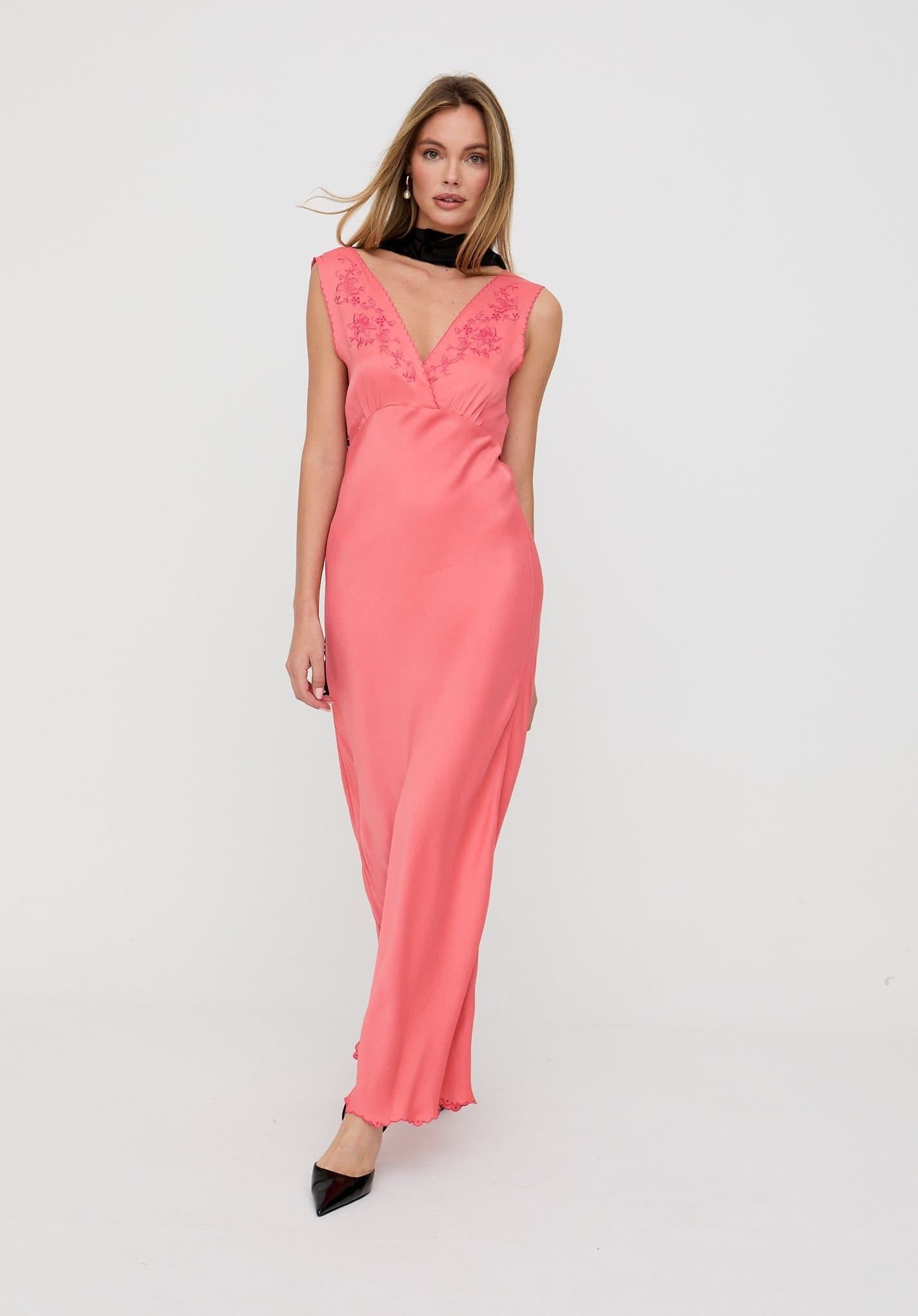 Lily and Lionel Lily and Lionel Women's Pandora Bias Cut Sleeveless Embroidered Maxi Dress In Orange in Coral