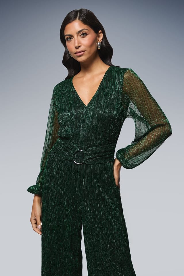 Wallis Wallis Women's Occasion Plisse Ring Jumpsuit in Forest - 2