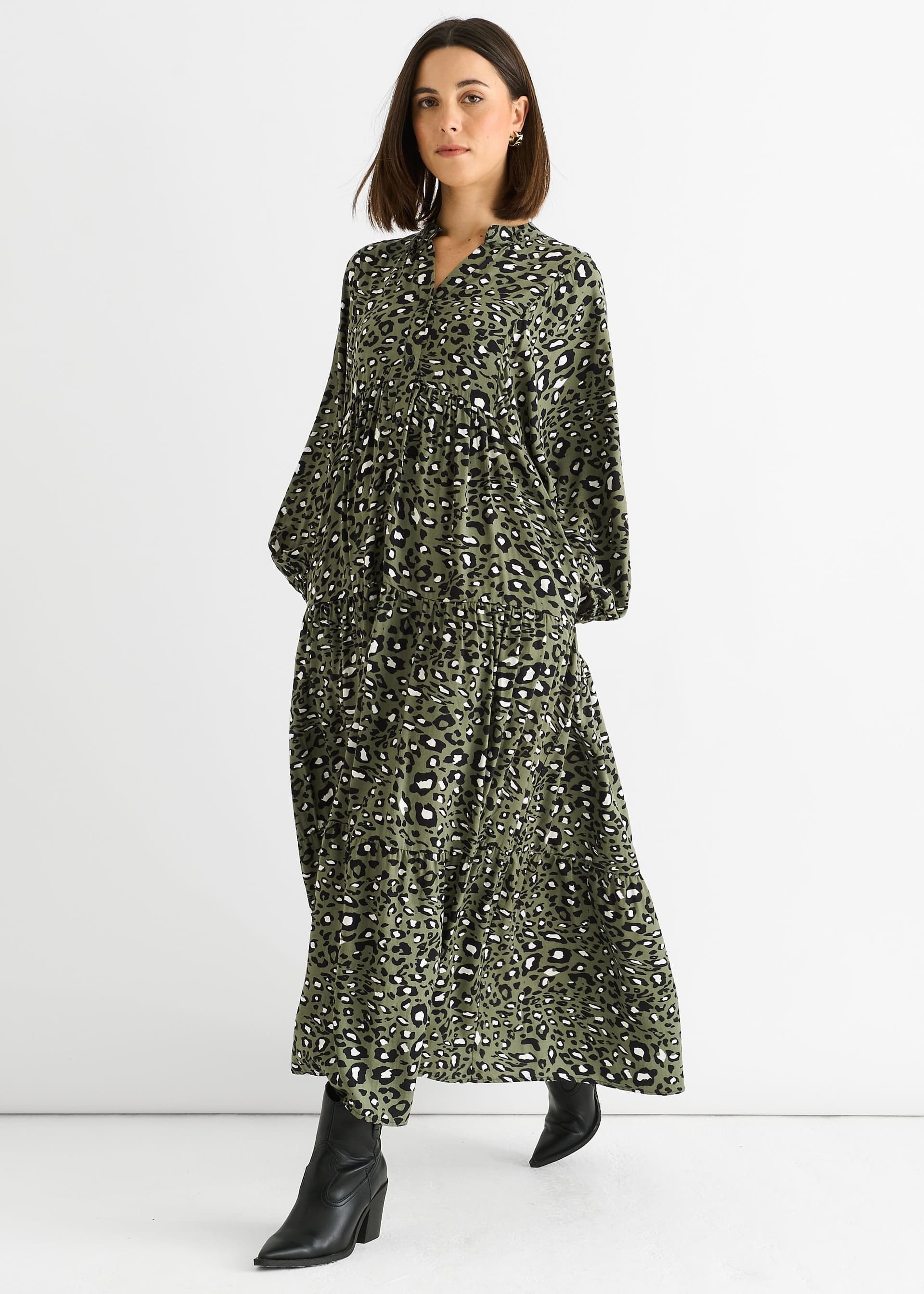 Gini London Gini London Women's Khaki Viscose Animal Oversized Smock Maxi Dress