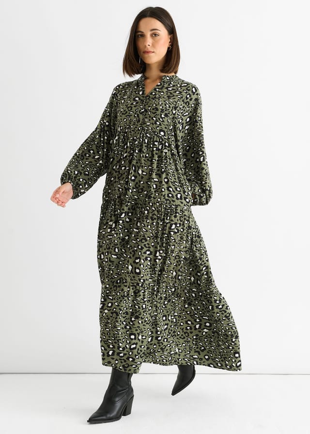 Gini London Gini London Women's Khaki Viscose Animal Oversized Smock Maxi Dress - 3