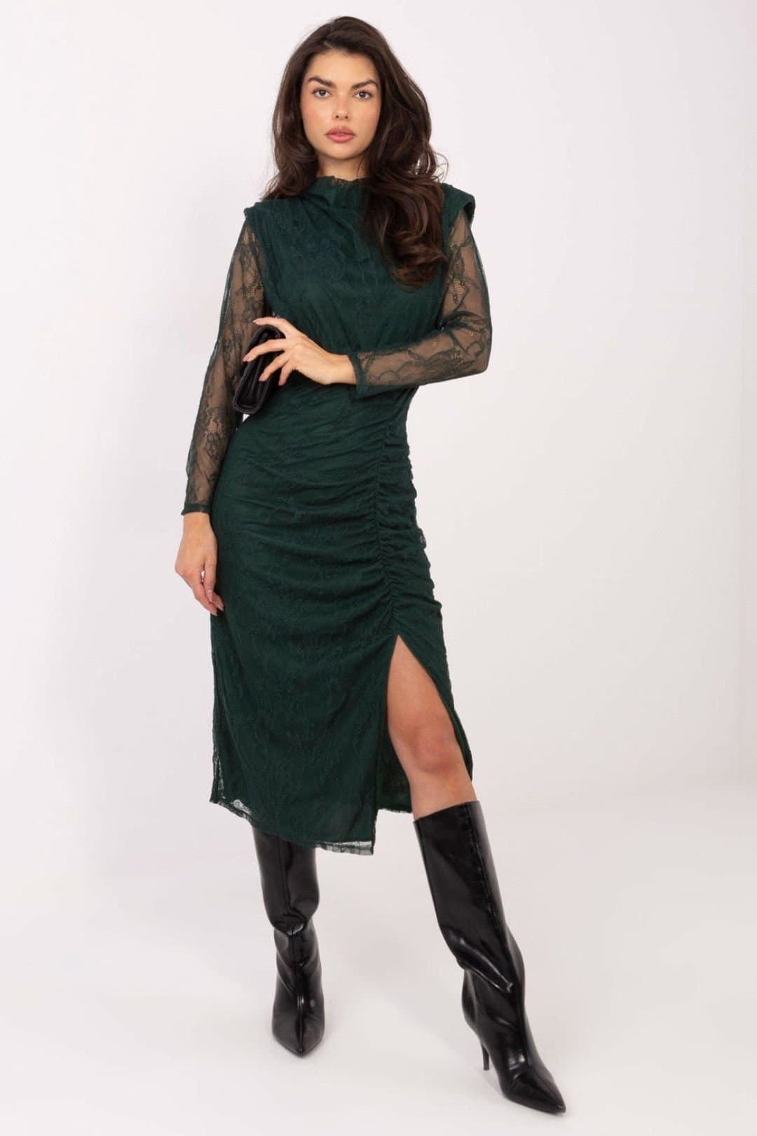 Love Lace Love Lace Women's Elegant Lace Midi Evening Dress with Slit in Green