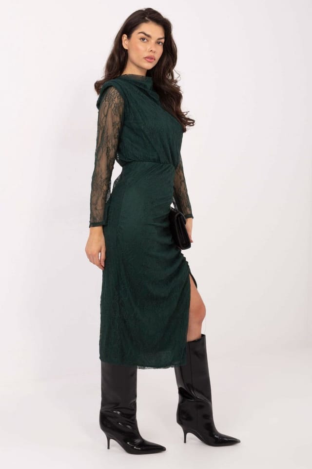 Love Lace Love Lace Women's Elegant Lace Midi Evening Dress with Slit in Green - 2