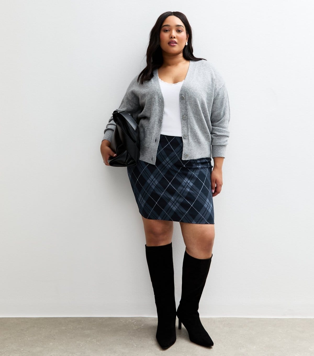 New Look Plus Size Blue Checked Jacquard Tube Skirt